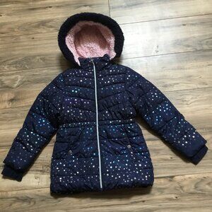 MEMBERS MARK Girls Hooded Jacket Puffer Sherpa Faux Fur Metallic Stars Blue 8